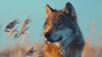 ai gegenereerd een wolf Aan een pastel blauw achtergrond foto