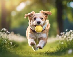 een gelukkig hond spelen met bal foto