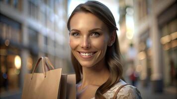 portret van gelukkig glimlachen vrouw houden boodschappen doen zak foto