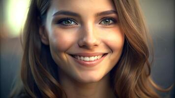 portret van een glimlachen jong vrouw met bruin haar- foto