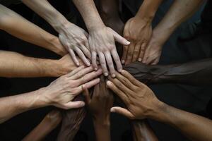handen van divers races en etniciteiten komen samen tegen discriminatie. foto
