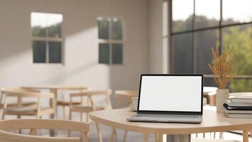 een wit scherm laptop computer mockup Aan een houten tafel in een minimalistische comfortabel koffie winkel. foto