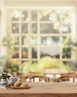 een rustiek houten dining tafel in een mooi dining kamer met een visie van een tuin Aan een zonnig dag. foto