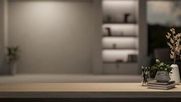 een ruimte voor Scherm producten Aan een houten tafelblad in een modern leven kamer Bij nacht met een afm licht. foto