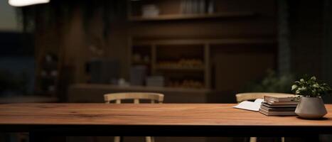 een presentatie ruimte Aan een rustiek houten bureau in een donker neutrale hedendaags huis kantoor Bij nacht. foto