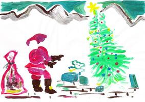 de kerstman claus in de bergen met zijn boom foto