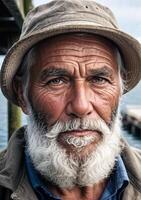 oud Mens portret. verweerd Kenmerken en doordringend blik foto