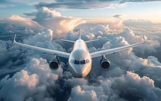 reclame vliegtuig nemen uit in kleurrijk lucht Bij zonsondergang. landschap met wit passagier vliegtuigen, Purper lucht met roze wolken. op reis door vlak foto