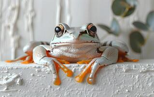 een kleurrijk kikker zittend Aan top van een groen blad foto