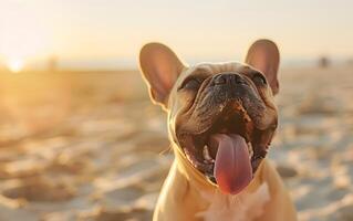 Frans bulldog hond dat heeft geopend haar mond en stokjes uit haar tong foto