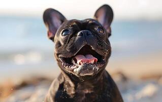 Frans bulldog hond dat heeft geopend haar mond en stokjes uit haar tong foto