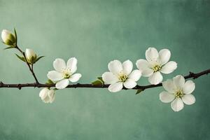 een boom Afdeling met wit bloemen Aan een groen achtergrond foto