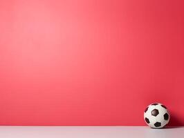 een voetbal bal rust Aan een tafel tegen een magenta muur foto