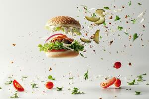 een hamburger zwevend Aan een grijs achtergrond met vliegend verspreide ingrediënten foto