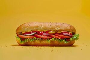 lang kaas hamburger met tomaten, komkommers, uien, ketchup, mosterd, sla Aan een geel achtergrond foto