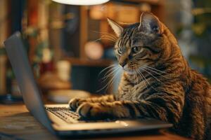 een huiselijk kat zit Bij een bureau gebruik makend van een laptop in licht kamer. werk, sociaal netwerken, amusement. ver weg werk foto