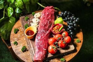 houten snijdend bord met vers gesneden vlees en geassorteerd groenten foto