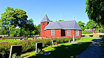 digitaal schilderij stijl vertegenwoordigen een klein kerk met een klein begraafplaats in de Scandinavisch platteland foto