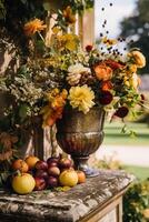 land leven, fruit tuin en bloemen decor, herfst- bloemen en herfst fruit oogst viering, land huisje stijl, foto