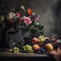 keizerlijk nog steeds leven, met een glas van rood wijn, een premie van vers fruit, en een klassiek vaas overlopend met bloemen foto