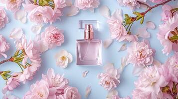 parfum fles in bloemen, geur Aan bloeiend achtergrond, bloemen geur en kunstmatig Product foto