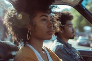 een zwart meisje en een zwart Mens zijn zittend in een auto. filmische kader. zomer dag foto