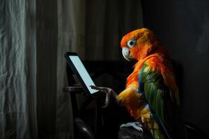 gekleurde papegaai looks Bij een smartphone in een donker kamer. een helder vogel scrollt haar voeden Aan sociaal netwerken foto