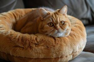 een rood lui kat leugens Aan een rood zacht bed in een helder kamer. grijs beddengoed set. foto