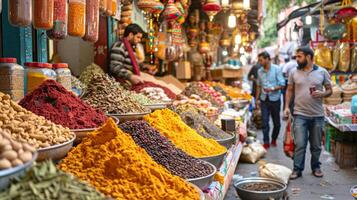een kleurrijk eid bazaar bruisend met verkoper verkoop kruiden, textiel, en handwerk foto