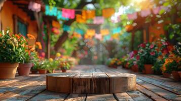 leeg houten podium Aan bloem tuin decoratie voor cinco de mayo festival achtergrond, podium voor Product Scherm foto