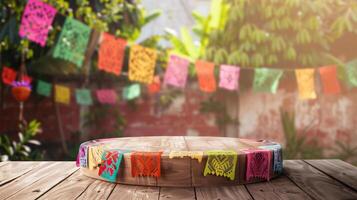 houten tafel Aan hout verdieping met achtertuin decoratief voor cinco de mayo festival ay ochtend- tijd foto