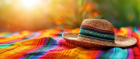 Mexicaans hoeden of sombrero's Aan kleurrijk kleding stof met groen natuurlijk achtergrond en warm licht, cinco de mayo festival thema foto