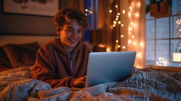 tiener- jongen gebruik makend van laptop en glimlachen in knus modern slaapkamer, verlegen tiener, eerste liefde foto