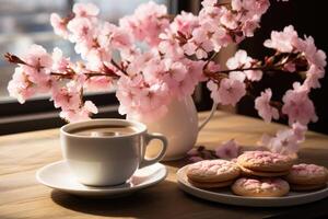 kop van koffie en koekjes in de ochtend- zon met sakura professioneel reclame voedsel fotografie foto