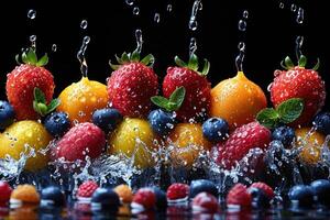 een vers fruit of groenten met water druppels creëren een plons reclame voedsel fotografie foto