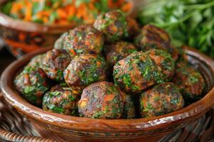 falafels zijn diep gebakken ballen traditioneel gevonden in midden- oostelijk keuken voedsel professioneel reclame voedsel fotografie foto