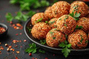 falafels zijn diep gebakken ballen traditioneel gevonden in midden- oostelijk keuken voedsel professioneel reclame voedsel fotografie foto