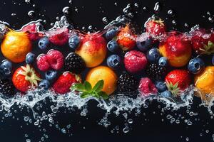 een vers fruit of groenten met water druppels creëren een plons reclame voedsel fotografie foto