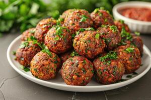 falafels zijn diep gebakken ballen traditioneel gevonden in midden- oostelijk keuken voedsel professioneel reclame voedsel fotografie foto