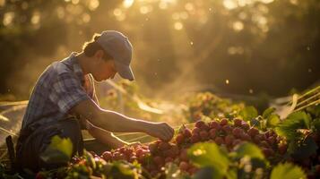 een jong boer inspecteren een bushel van mollig aardbeien in een zacht, diffuus ochtend- licht. gegenereerd door kunstmatig intelligentie. foto