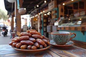 een kop thee en datums Aan bord voor Ramadan iftar stijl professioneel reclame voedsel fotografie foto
