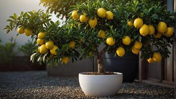 buitenshuis tafereel van een overdadig citroen boom met helder volwassen citroenen foto