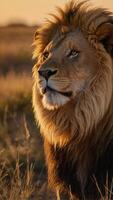 dichtbij omhoog visie van een majestueus mannetje leeuw badend in de warm gloed van een instelling zon in de enorm Afrikaanse savanne foto