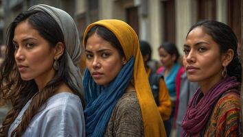 Dames van spaans nationaliteit gegroepeerd kant door kant vertegenwoordiging van Internationale vrouwen dag foto