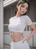 mooi jong Aziatisch meisje model- met hoepel oorbellen en wit kleren foto
