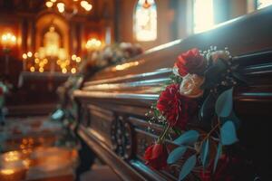 een kist prachtig versierd met levendig bloemen binnen een vaag lit kerk overbrengt rouw en herinnering foto