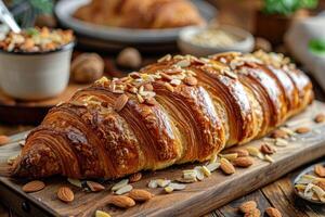 amandel croissant topping met noten geserveerd Aan houten bord. Frans ontbijt foto