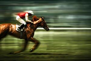 jockey rijden een renpaard Bij vol sprint. paard racing foto