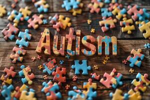 kleurrijk puzzel stukken kader en woord autisme Aan houten achtergrond. wereld autisme bewustzijn dag concept. foto