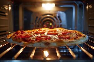 smakelijk eigengemaakt pizza Koken in een oven Bij huis. foto